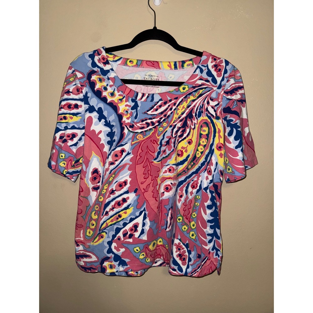 Talbots Tee Womens Large Pink Blue Paisley Short Sleeve Cotton Spandex Top Artsy